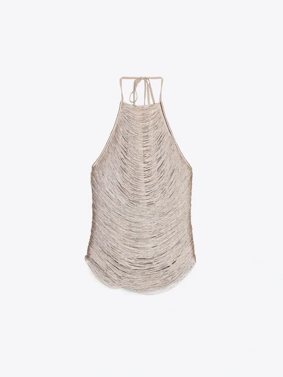 Zara Sleeveless Fringe Shimmer Halter Top in Champagne Pink - Picture 5 of 7